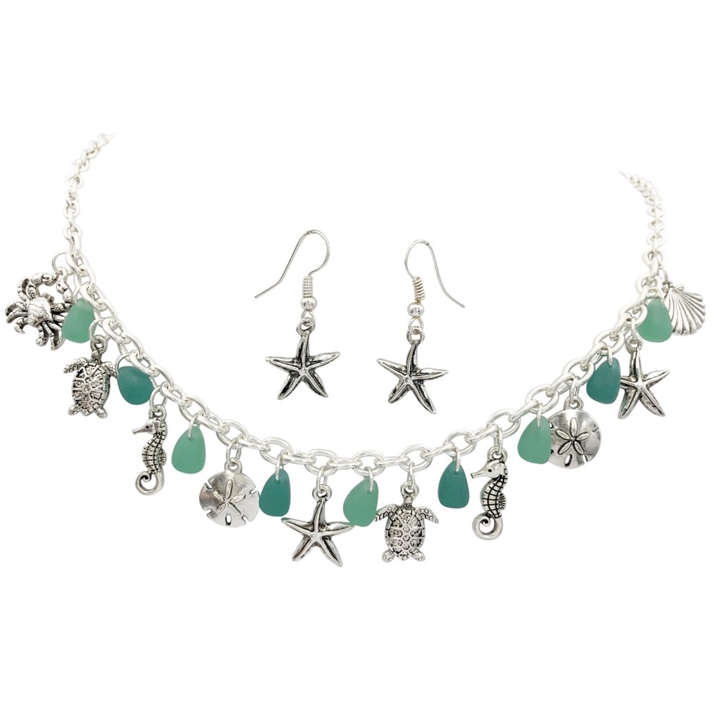 Mixed Sea Life Charm Bead Necklace Earrings Set